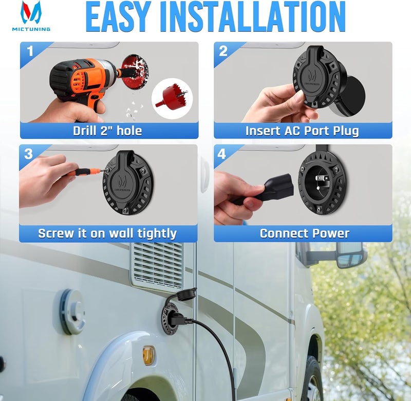 MICTUNING 15A 125V AC Port Plug, 18'' Extension Cord with Power Inlet Socket-Low Port Outlet, Heavy-Duty RV Shore Waterproof Outdoor Electrical Receptacle, with Hole Saw - Image 3